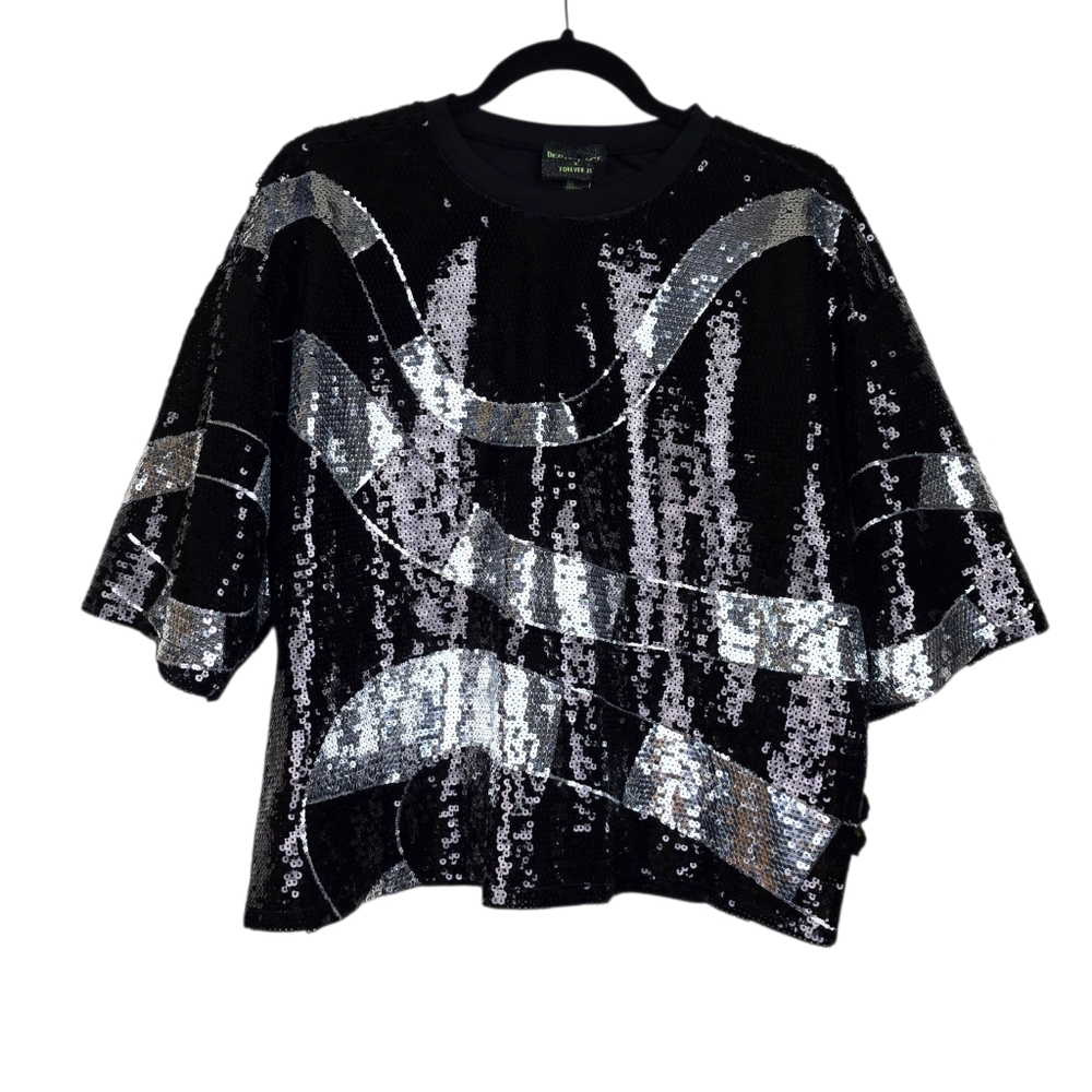 Forever 21 × Beetlejuice Womens Black Silver Sequin Boxy Top Size L NWT